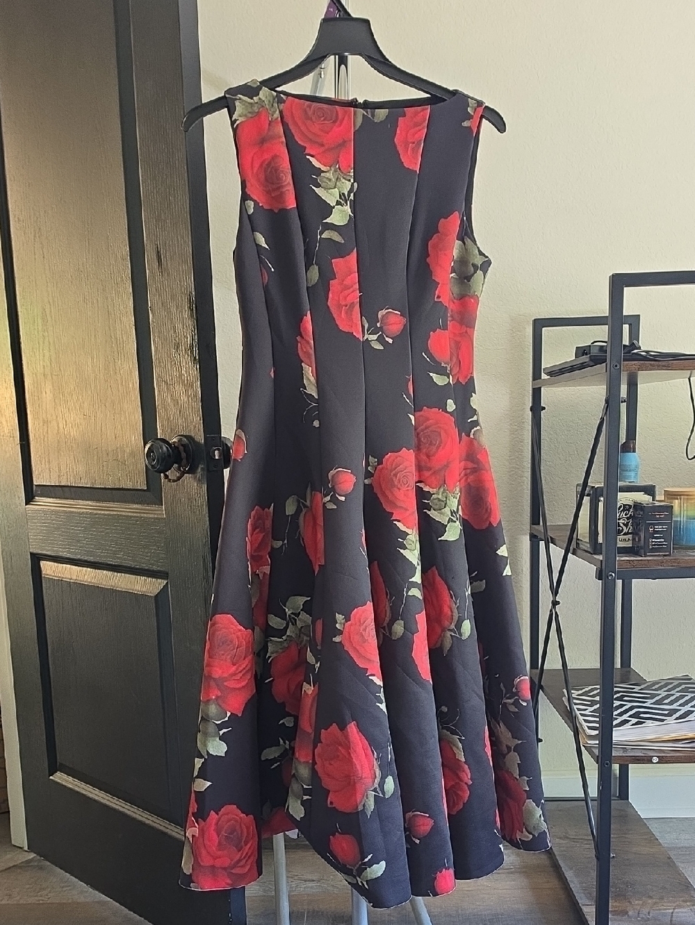 Fashion Nova Black Midi Dress with Red Rose Print
